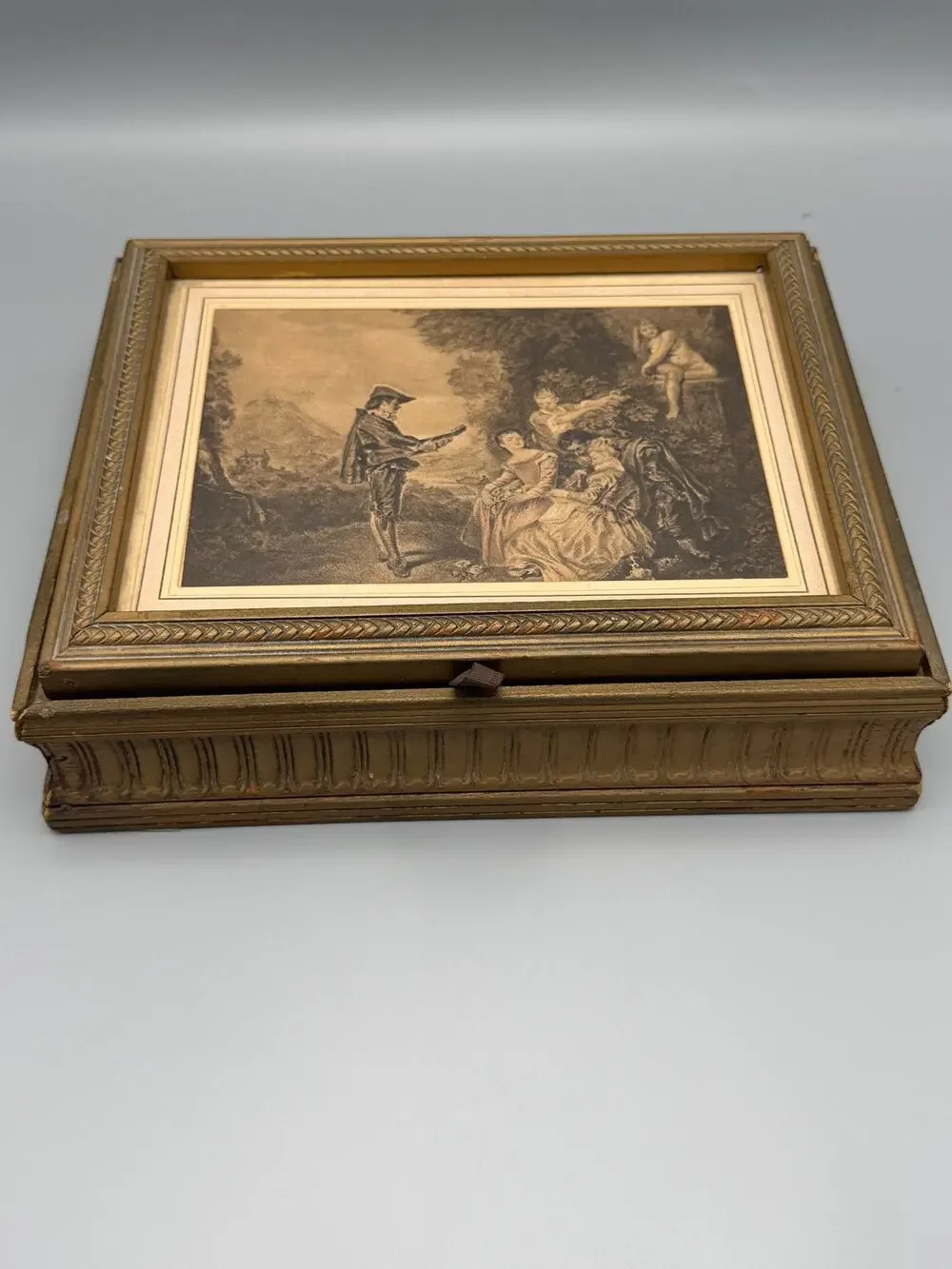 Gilt Wood Mirrored Jewelry Box Framed Pastoral Art Divided Vanity Keepsake